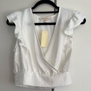 Monteau‎ Los Angeles White Ruffle Sleeve Surplice Smocked Crop Top Style 201784
